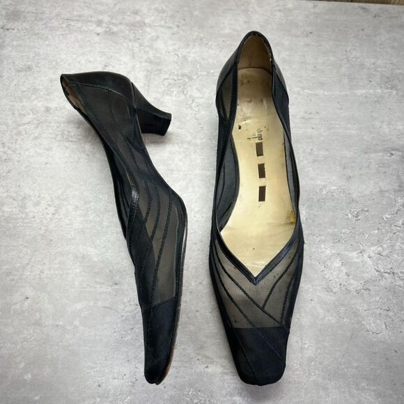 Vintage Shoes - Vintage Classic Sheer Mesh Kitten Heel Black Square Toe Pumps Womens US 9